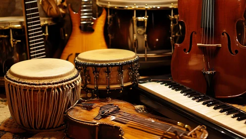 Mixed acoustic and percussion instruments in warm lighting.
