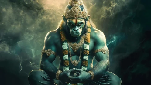 Hybrid simian deity figure sits centrally in digital render