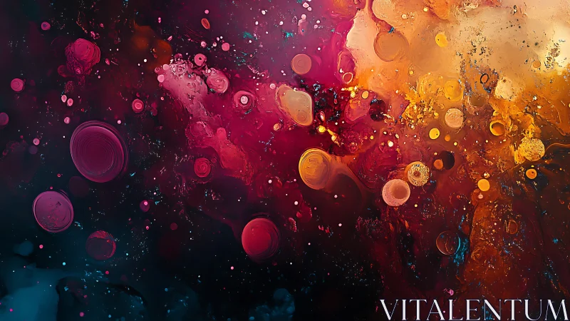 Abstract fluid painting shows red, pink and orange circular forms