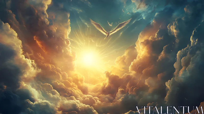 Celestial winged figure ascending through radiant storm clouds