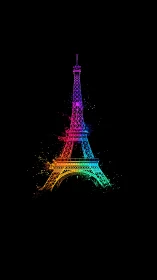 Neon rainbow Eiffel Tower illustration on black background.