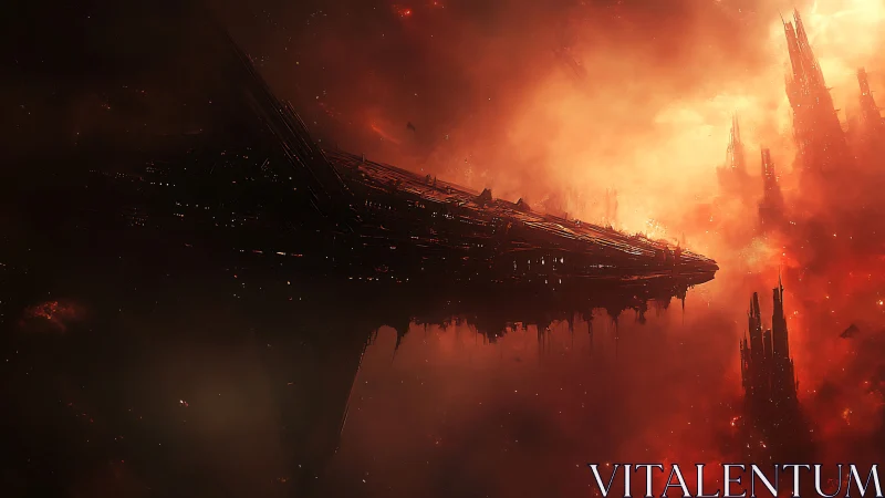 Massive angular starship crossing dense red nebula field.