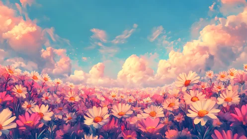 Blooming Field Under Turquoise Sky with Golden Clouds.