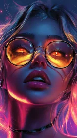 Neon rim lighting sculpts reflective glasses and hyperreal skin