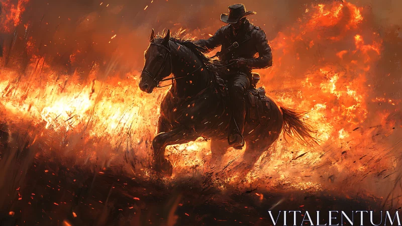 Silhouetted Equestrian Rider Through Inferno Landscape.