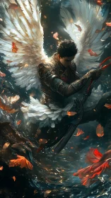 Winged warrior descends through swirling autumn light.