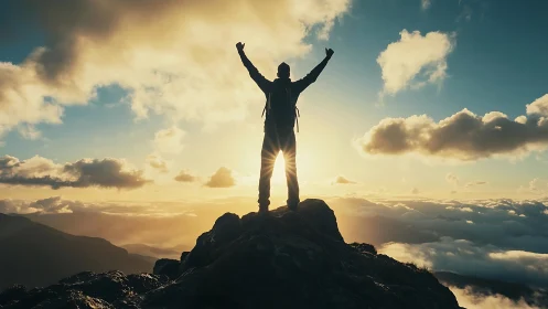 Summit silhouette crowned by blazing sunrise triumph.