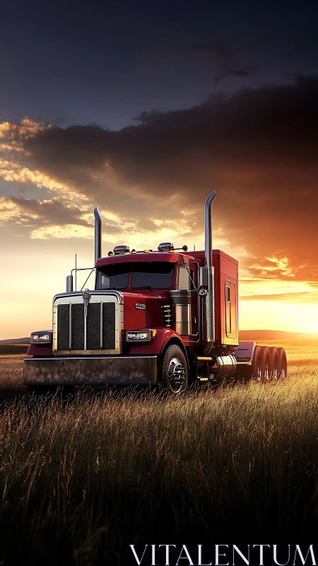 Sunlit red semi truck rendered with high dynamic range detail