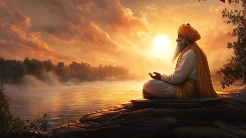 Sunlit Sikh sage meditates riverside in high-detail digital painting