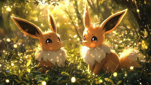 Two fox-like creatures sit in glowing forest clearing