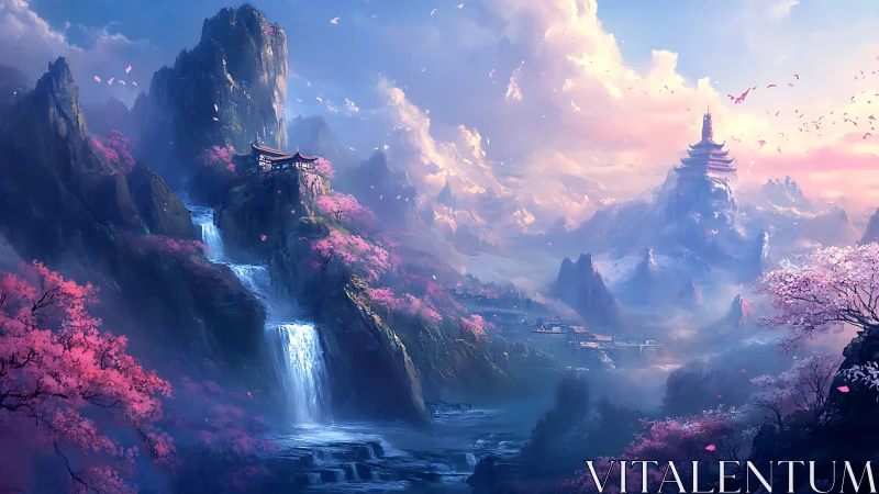 Mountain temples with waterfalls and pink blossom trees.