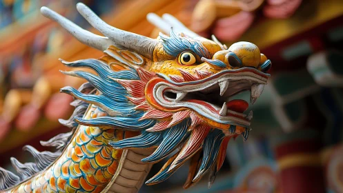 Colorful temple dragon sculpture brimming with lively spirit.