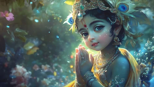 Child deity figure with folded hands in jeweled attire