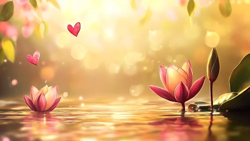 Luminous lotus flowers float in golden water with floating hearts
