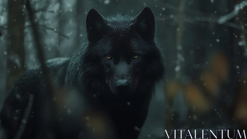 Black wolf meets the viewer in a silent, snow‑dusted forest.