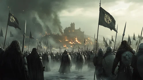 Steel tide advances on a burning fortress beneath storm skies.