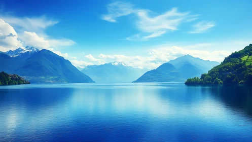 Serene alpine lake reflects vivid blue mountains and sky.