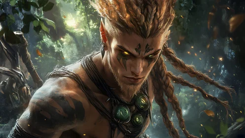 Ferocious druid warrior with glowing eyes in dense dynamic forest