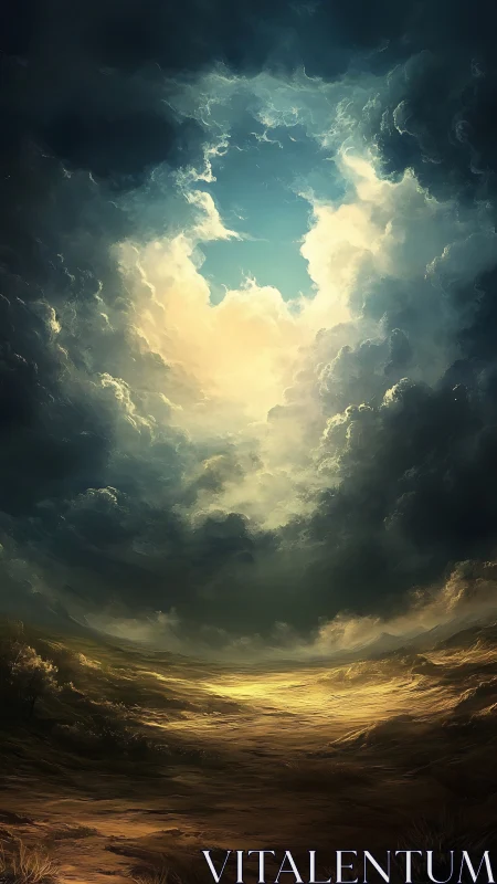 Stormlit desert plain unfolds under vast cloud vortex