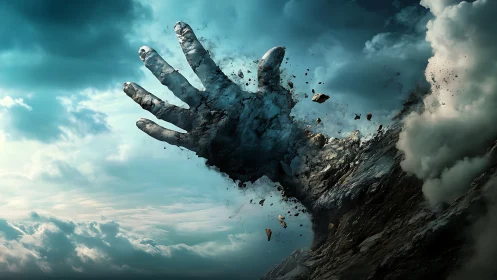 Colossal stone hand shatters skyward from a crumbling cliff.