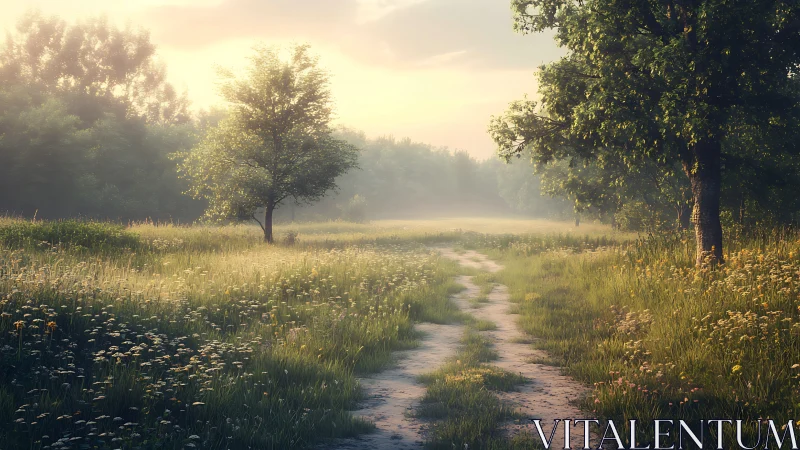 Golden country path winds through misty wildflower meadow.
