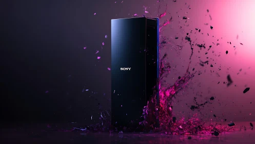 Sleek Sony device rises amid vivid pink digital explosion
