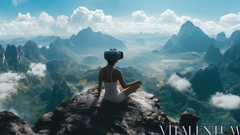 Woman in VR headset observes expansive mountainous valley from cliff