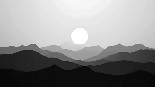 Monochrome layered mountain silhouettes under rising sun.