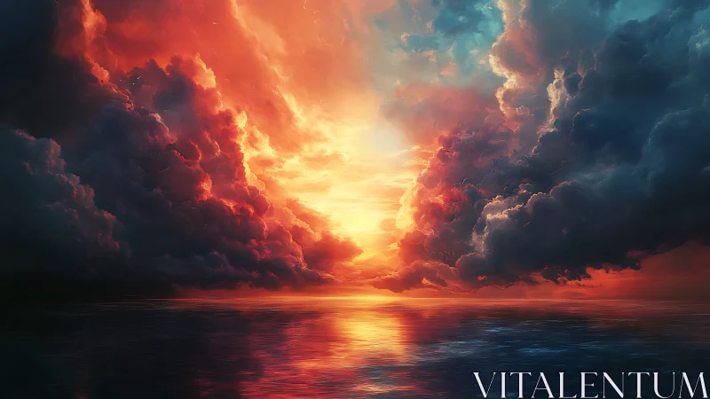 Volumetric storm clouds framing a hyperchromatic ocean sunset.