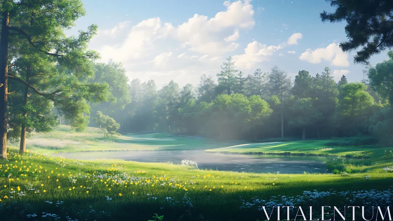 Morning light gently kisses a peaceful forest lakeside meadow