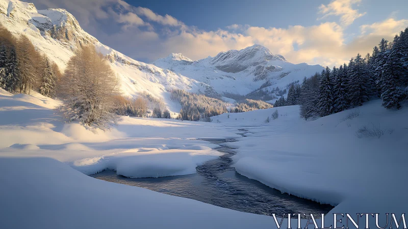 Snowy alpine valley with winding river under sunset light.