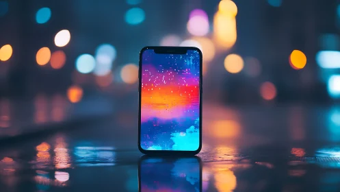 Dreamy neon smartphone glowing in a rain kissed city night.