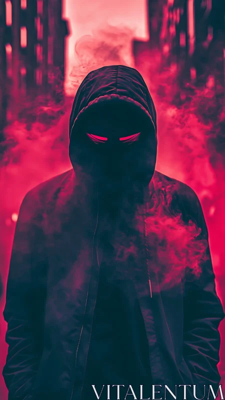 Neon‑eyed hooded figure emerges from crimson urban smoke.