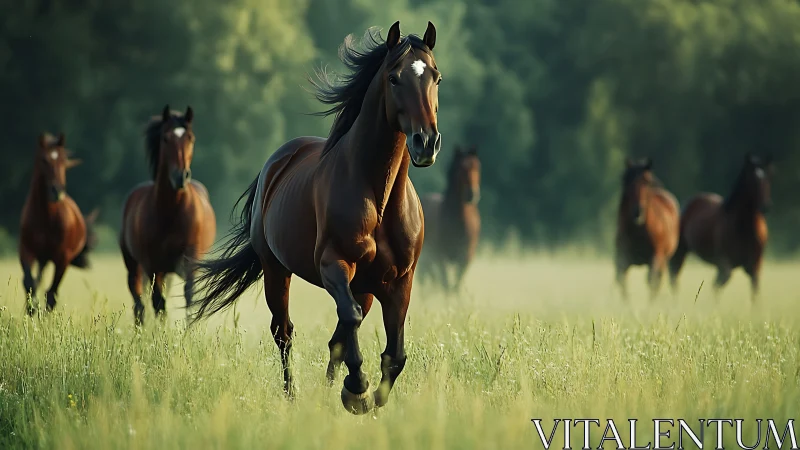 Horses run through sunlit meadow with sharp foreground focus