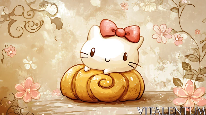 Hello Kitty Perched on Golden Croissant with Floral Background Illustration