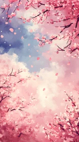 Cherry blossom canopy frames a partially clouded sky