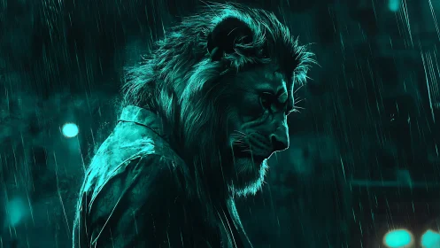Neon cyberpunk lion in rain drenched urban nightscape.