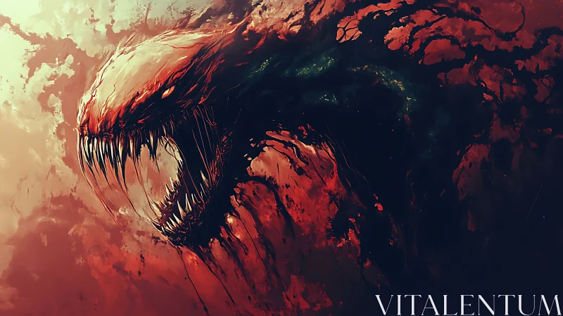 Monstrous red creature lunges forward with elongated fanged jaws