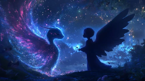 Winged child silhouette with luminous cosmic creature at night.