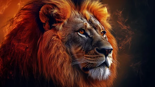 Regal lion gazing softly through glowing sunset hues.