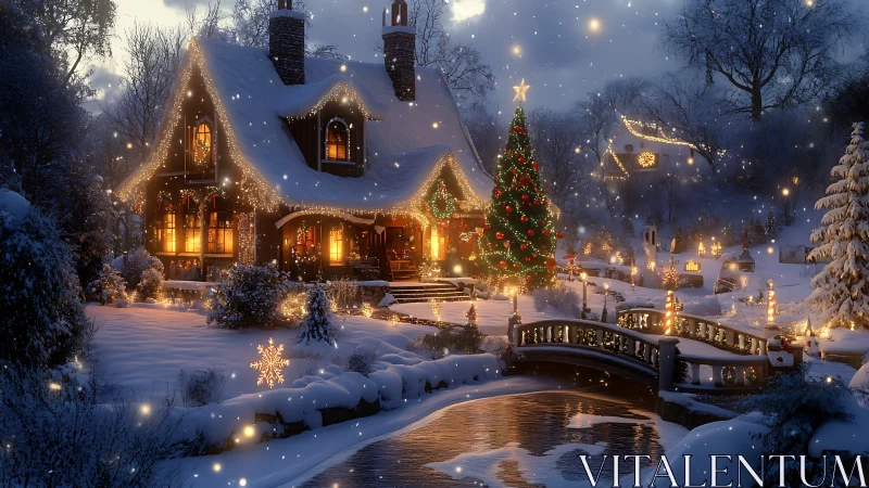 Snow-laden cottage scene uses warm bokeh lighting and deep winter contrast