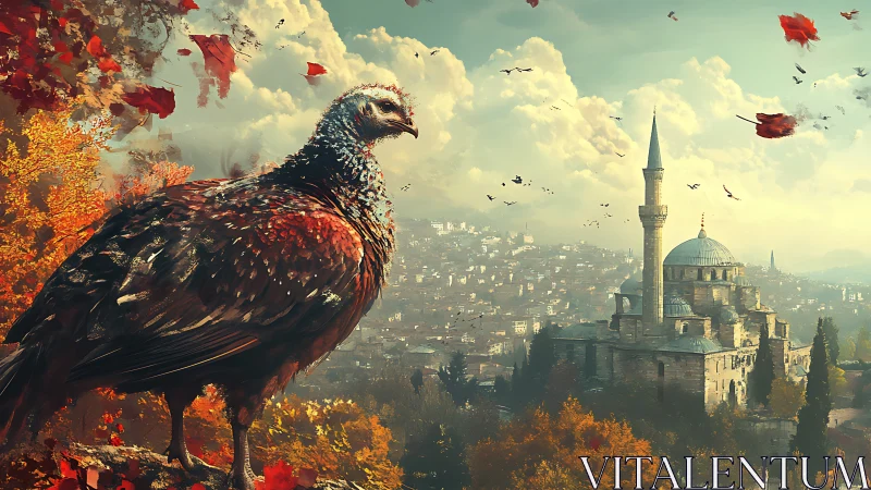 Turkey stands above autumn valley with distant stone mosque