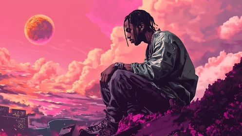 Solitary figure under magenta exoplanetary sky, digitally rendered.