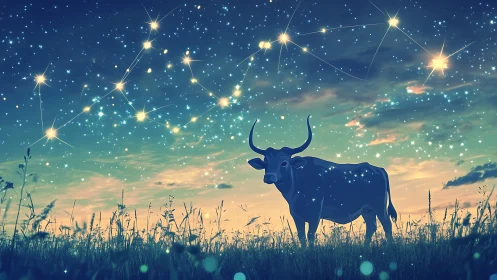 Taurus constellation alignment above silhouetted bull at dusk