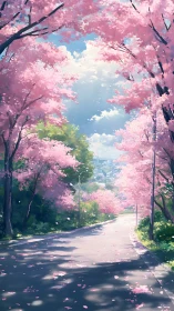Cherry blossom lined road leading toward distant town.