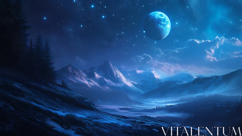 Moonlit alien mountain valley under deep blue night sky.