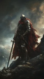 Armored knight stands vigilant under storm-laden sky