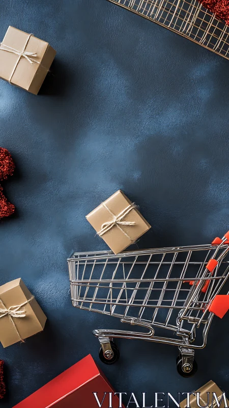 Gift boxes orbit a chrome cart on deep blue shopping skies