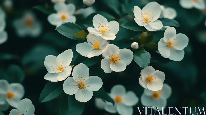White Camellia Blossoms with Golden Stamens and Verdant Foliage