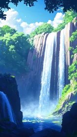 Sunlit forest waterfall cascades into vivid blue pool.